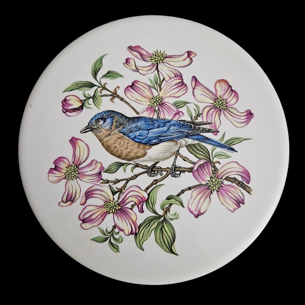 Vintage Bird Dogwood Floral Ceramic Trivet Cork Back 6 Inch